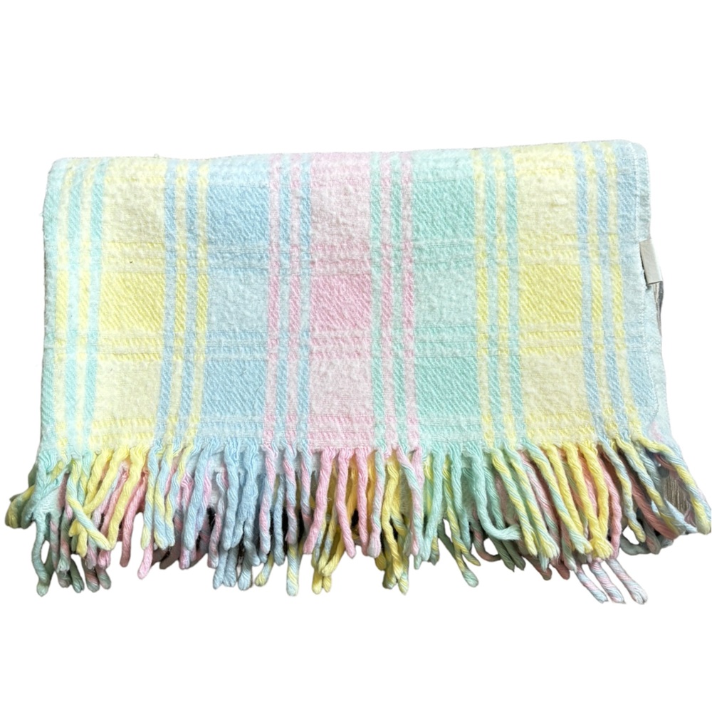 Vintage 90s pastel plaid fringe baby blanket